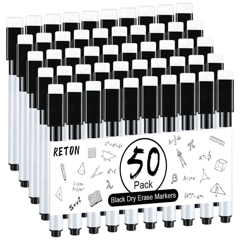 RETON ريتون 50 قطعة أقلام ماركر مغناطيسية قابلة لإعادة الكتابة مع غطاء ممحاة، 4.5 بوصة قلم مسح جاف صغير برأس دقيق للفصل الدراسي، المكتب، المستشفى، المنزل والمصنع (50 قطعة، أسود) - Image 1